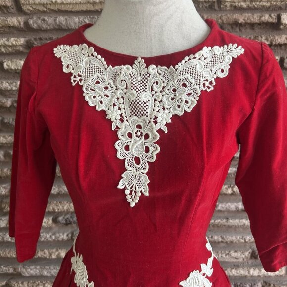 Vintage 60s Handmade Red Velvet Lace Accents Full Skirt Dress - Picture 7 of 8